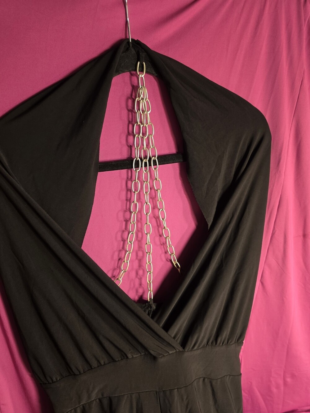 Symphony Black Halter Open Back Jumpsuit with Draped Chain Accent - Size L-XL